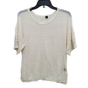 Smitten Women's White Linen Blend Raised Thick Stripe Knit Short Sleeve Top Sz M